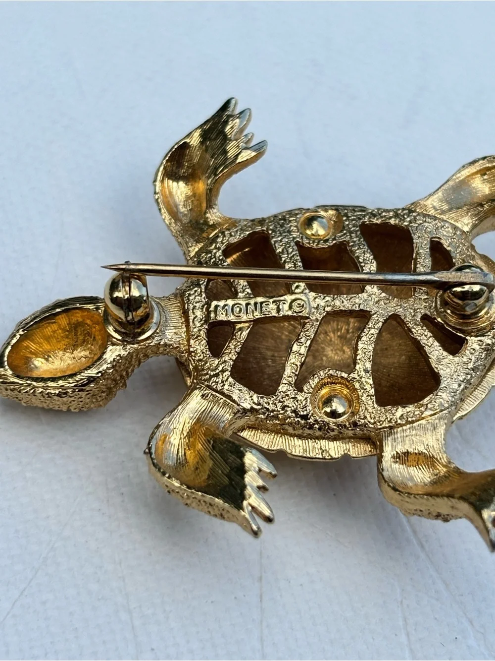Monet Gold Turtle Brooch with Green Stone Eyes